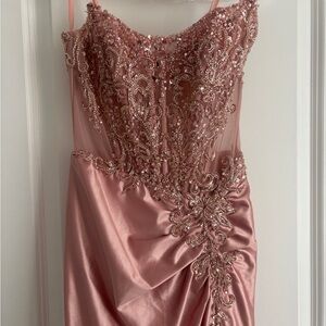 Embellished Dusty Rose Prom Dress with Satin Skirt
